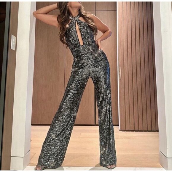NEW! Anthropologie Maeve Sequin Halter Jumpsuit Carbon Black Silver SZ 10 - Picture 6 of 14